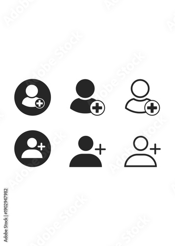 A collection of black and white profile icons featuring a plus symbol to represent adding a new friend, user, or contact for interface design.