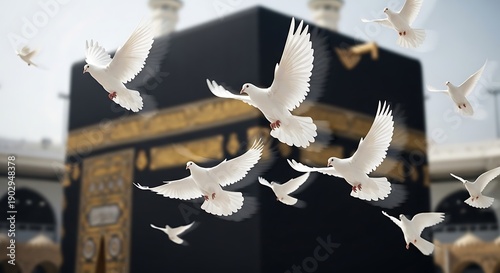 White doves flying around the Kaaba in Mecca, symbolizing peace and spirituality.