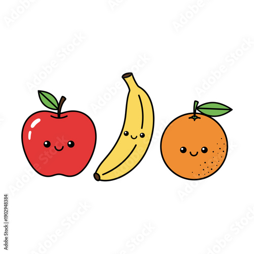 Cute fruits, apple, banana, orange with happy faces