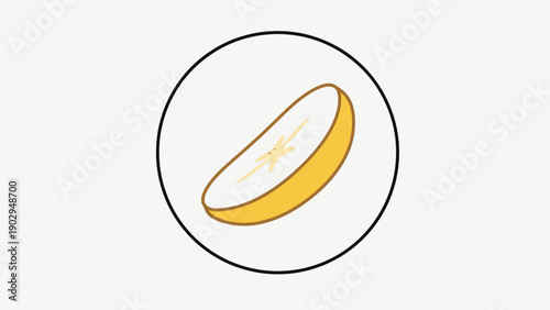 A delightful cartoon illustration of a banana slice enclosed within a simple black circle