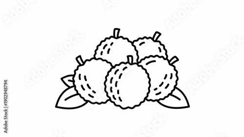 Minimalist line art illustration of a small pile of fresh tropical lychee fruits with leaves