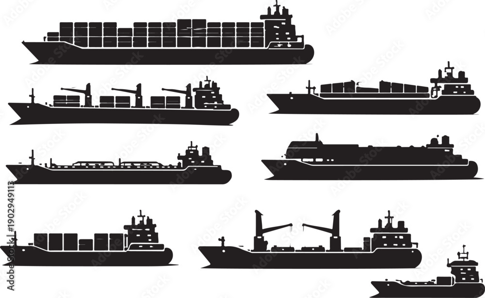 Fototapeta premium Ship Fleet Silhouette Side View Multiple Cargo Vessels