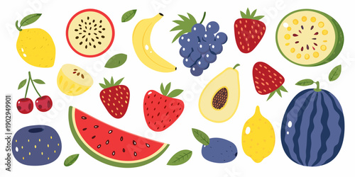 Colorful assortment of various sliced and whole fruits on a white background