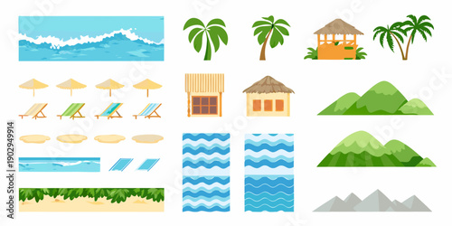 Tropical beach scene elements waves palm trees huts and lounge chairs