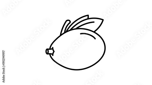 Minimalist Black and White Line Art Illustration of an Oval Fruit with Leaves for Design Projects