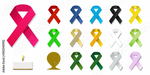 Collection of colorful awareness ribbons and a remembrance candle