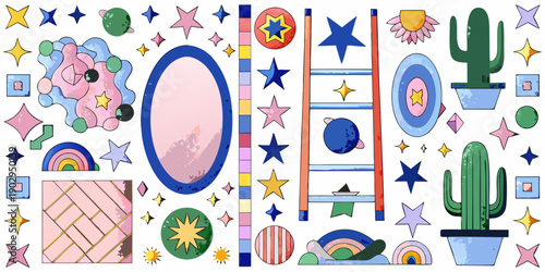 Colorful stickers featuring whimsical shapes stars rainbows and desert plants