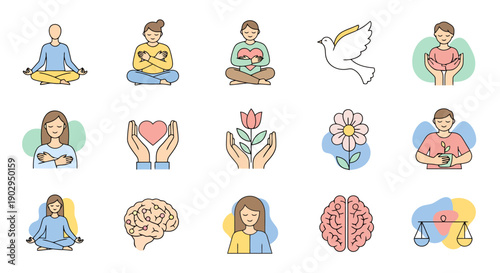 Serene Icons Representing Wellness Inner Peace Meditation Self Care And Positive Emotions On White Background Modern Flat Design