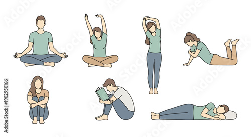 Diverse People Poses Showing Mindfulness Relaxation Body Care Exercises And Daily Routines For Wellness Health And Lifestyle Concepts