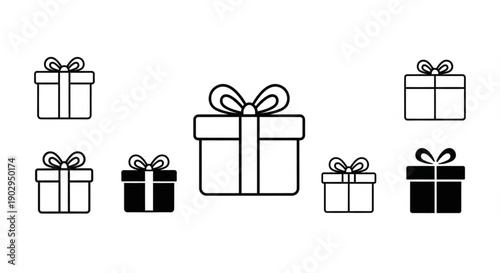 Gift Boxes Lineup: A curated selection of stylized gift boxes, each with a precisely drawn bow, poised to convey a sentiment of surprise and excitement for the recipient. 