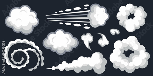 Various white cloud puffs and explosion effects against a dark background
