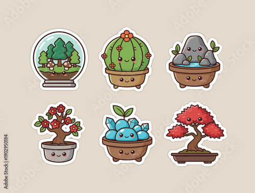 Professional collection of six kawaii potted plants and bonsai trees with cute faces and colorful flowers and crystals in flat vector style