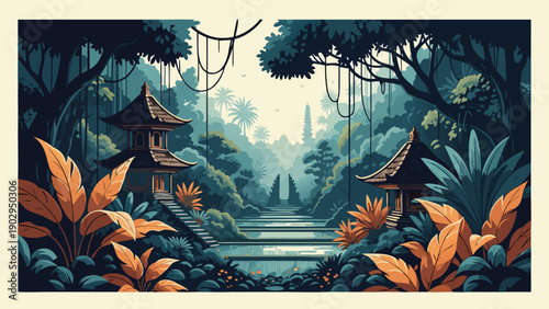 Vector illustration of a serene forest landscape with temples, trees, foliage, and a pathway viewed from a distant perspective