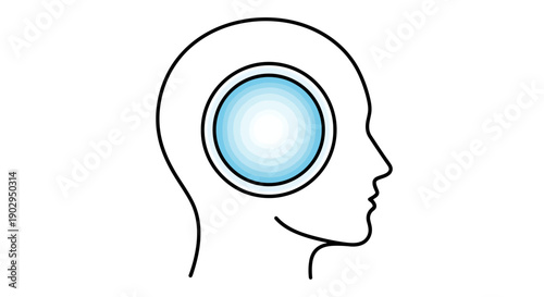 Conceptual outline of a human head profile with a glowing blue sphere representing thought or memory inside the brain area for ideas or intellect