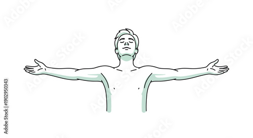 Man standing with arms outstretched wide embracing the open air with his head tilted slightly upwards experiencing freedom and joy in a minimalist