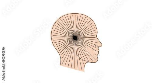 Abstract Digital Concept of Human Mind and Concentric Energy Burst Emanating From Central Focus Point Inside Profile Silhouette