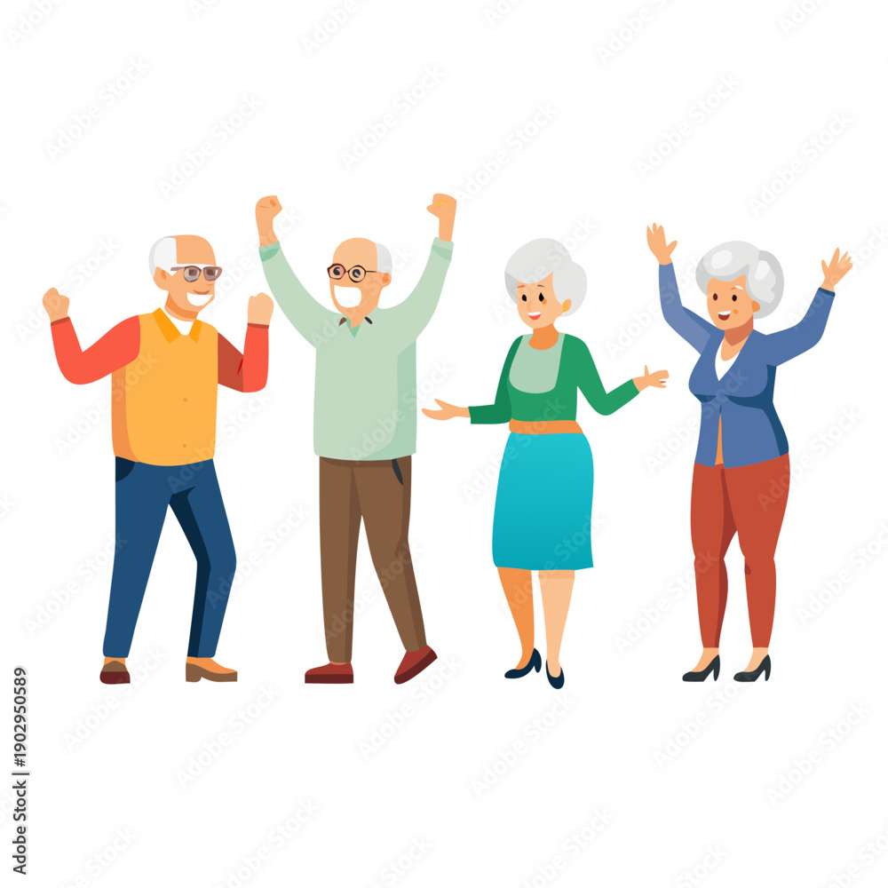Obraz premium Set of characters of elderly happy people. Mature men and women rejoice and dance, demonstrate gestures of approval and jubilation, seniors are delighted See Less 