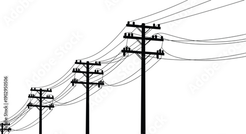 Black Silhouette of Multiple Telephone Poles with Wires Against White Background power lines electricity