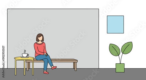 Woman sitting on bench with coffee and plant in minimalist room context promoting modern interior design and relaxation themes