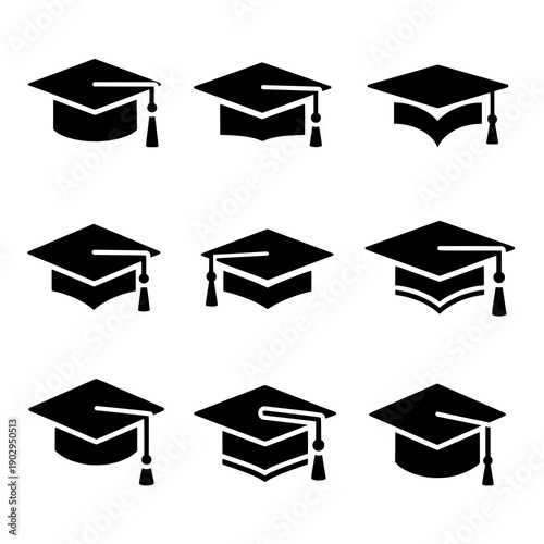 Graduation cap icon silhouette black vector academic symbol set on white background