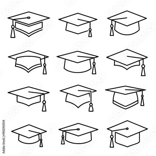 Outline graduation cap line art black vector academic icon set