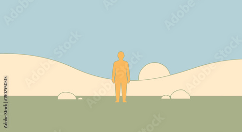 Minimalist human silhouette stands alone in open landscape with rolling hills and sun graphic on horizon