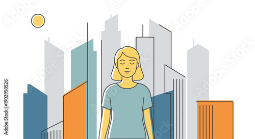 Serene Woman Centered Amidst Abstract Urban Skyline Diverse Building Shapes and Clear Day Atmosphere Creating Calm Cityscape Scene