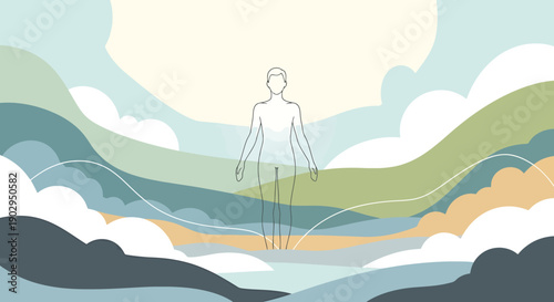 Spiritual Enlightenment Journey Abstract Human Silhouette Floating Above Wavy Landscape and Clouds with Subtle Sunlight Rays