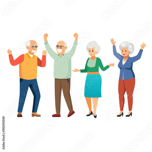 Set of characters of elderly happy people. Mature men and women rejoice and dance, demonstrate gestures of approval and jubilation, seniors are delighted See Less
