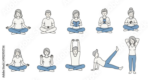 Diverse People Practicing Mindfulness Meditation Relaxation Activities and Mindful Living Poses for Wellbeing Exercises