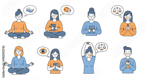 Diverse individuals practice mindfulness and meditation each holding a device while contemplating concepts like balance and tranquility promoting