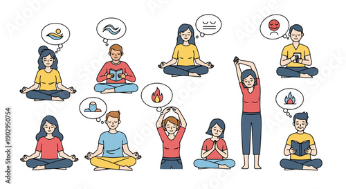 Diverse People Practicing Mindfulness Exercises and Engaging in Mental Activities Showing Various Thought Bubbles with Icons Representing Relaxation