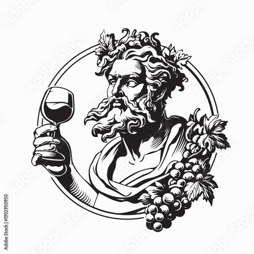 Black and white illustration of Dionysus the Greek god of wine with grapes vector