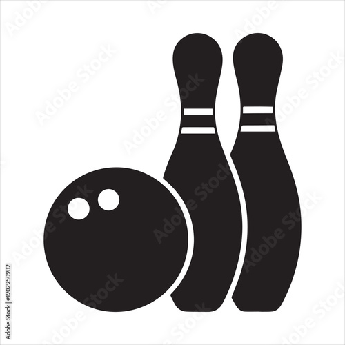 Black silhouette of a bowling ball and two pins with white stripes on a white background sport