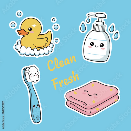 Cute kawaii personal hygiene set with yellow rubber duck liquid soap toothbrush and pink towel characters for bathroom and daily routine theme