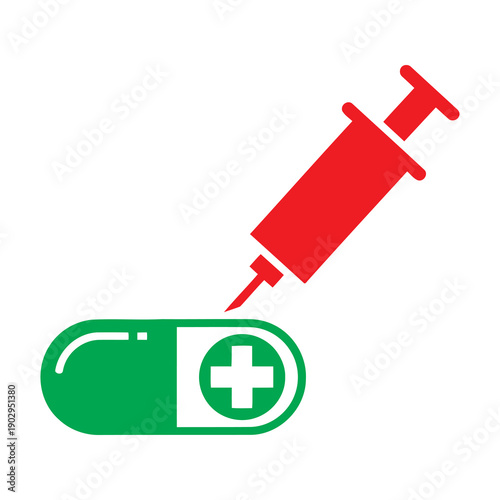 Red Syringe Injecting Green Medical Capsule.