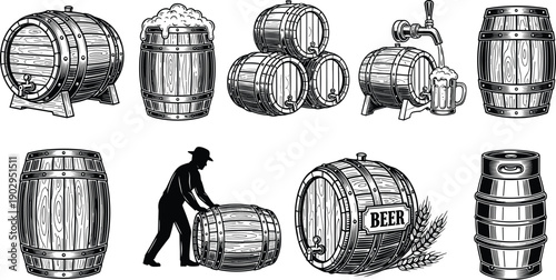 Beer barrel vector set featuring wooden kegs brewery storage taps mugs and brewing process illustrations for craft beer design