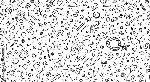 Hand-drawn illustrations featuring fun abstract shapes, random lines, stars, dots, arrows, zigzag lines, and childish sketches.