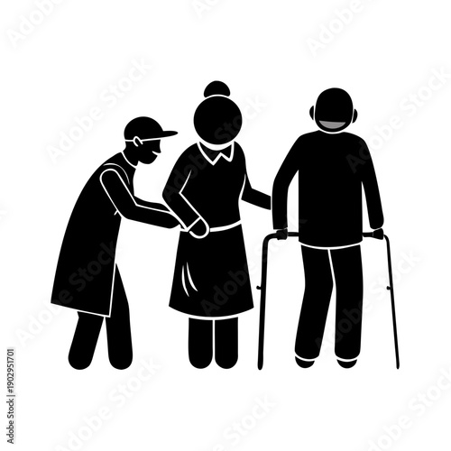Illustration of a healthcare worker assisting an elderly woman with a walking cane while an elderly man stands beside them in a simple black and white ... See More