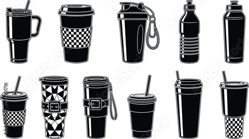 Reusable drinkware vector icons set featuring travel mugs tumblers bottles cups with straws lids for takeaway beverage design