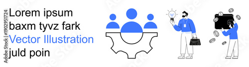 Business planning, teamwork strategies, collaboration, innovation, workforce management, process improvement. Gears with people icons and professionals brainstorming. Teamwork and collaboration