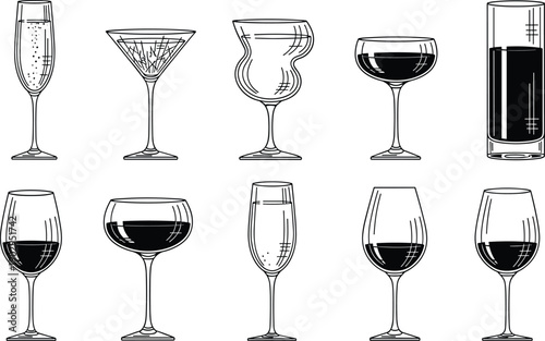 Glassware drinkware vector set featuring wine cocktail champagne glasses bar beverage illustration collection isolated outline black white design