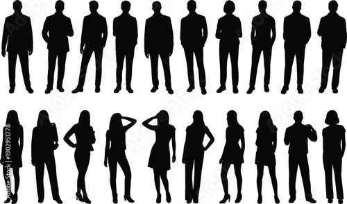 Collection of male and female silhouettes in business and casual attire Keywords: silhouette, people, men, women, male, female