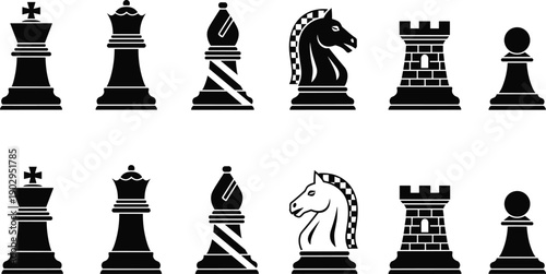 Chess pieces vector icons set featuring king queen bishop knight rook pawn silhouettes for strategy board game illustration design