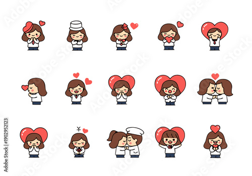 A mother's day celebration with various illustrations of a smiling cartoon woman surrounded by hearts from different viewpoints