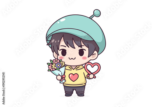 A young boy holding flowers and a heart-shaped balloon celebrating mother's day outdoors