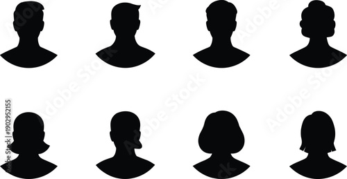 Eight Black Silhouettes of Diverse Human Head and Shoulder Profiles on White Keywords: silhouette, profile, head, shoulders