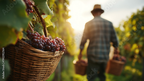 Grape Harvest Festival, Winemaker Walking Through Vineyard Carrying Basket of Grapes During Grape Harvest Festival Representing Tradition, Seasonal Labor, and Wine Country Heritage