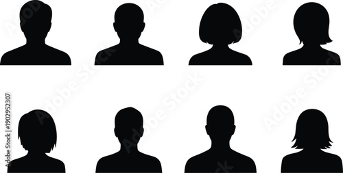 Eight Black Silhouettes of Human Head and Shoulder Profiles on White Keywords: silhouette, profile, head, shoulders, male