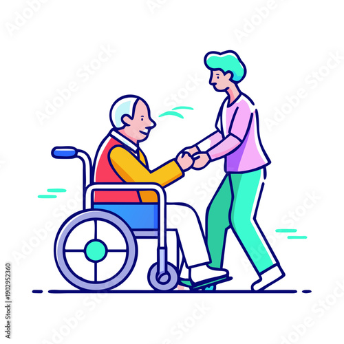 Social worker pushing elderly patient in wheelchair for support vector
